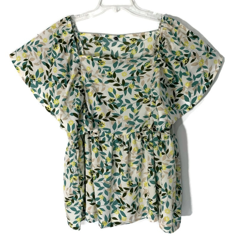 ☘️5 for $25☘️ Floral Flutter Sleeve White Green Yellow Peplum Blouse Top…